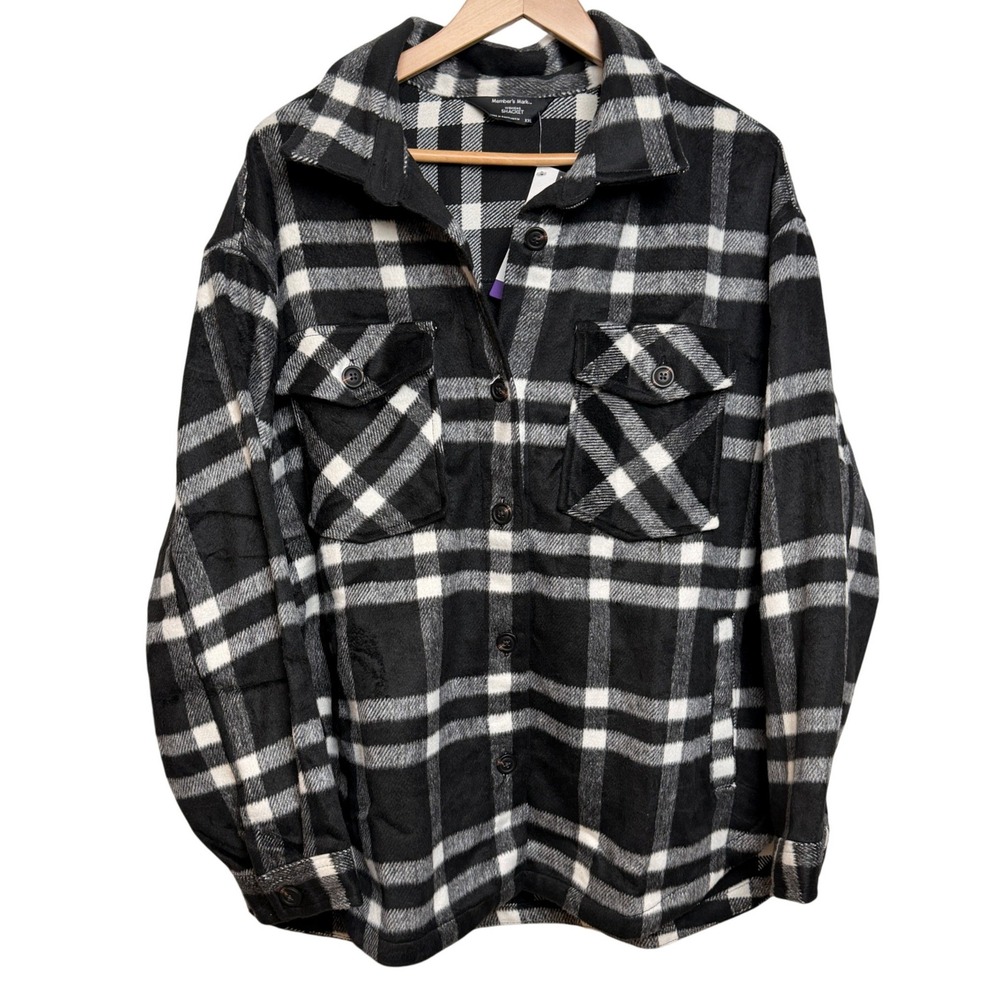 Member's Mark Womens Shacket XXL Black White Plaid Flannel Jacket Cabin Cozy